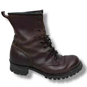 Frye Combat Boots Mens 9 M Brown Leather Vibram Sole Round Toe Lace Up Shoes USA